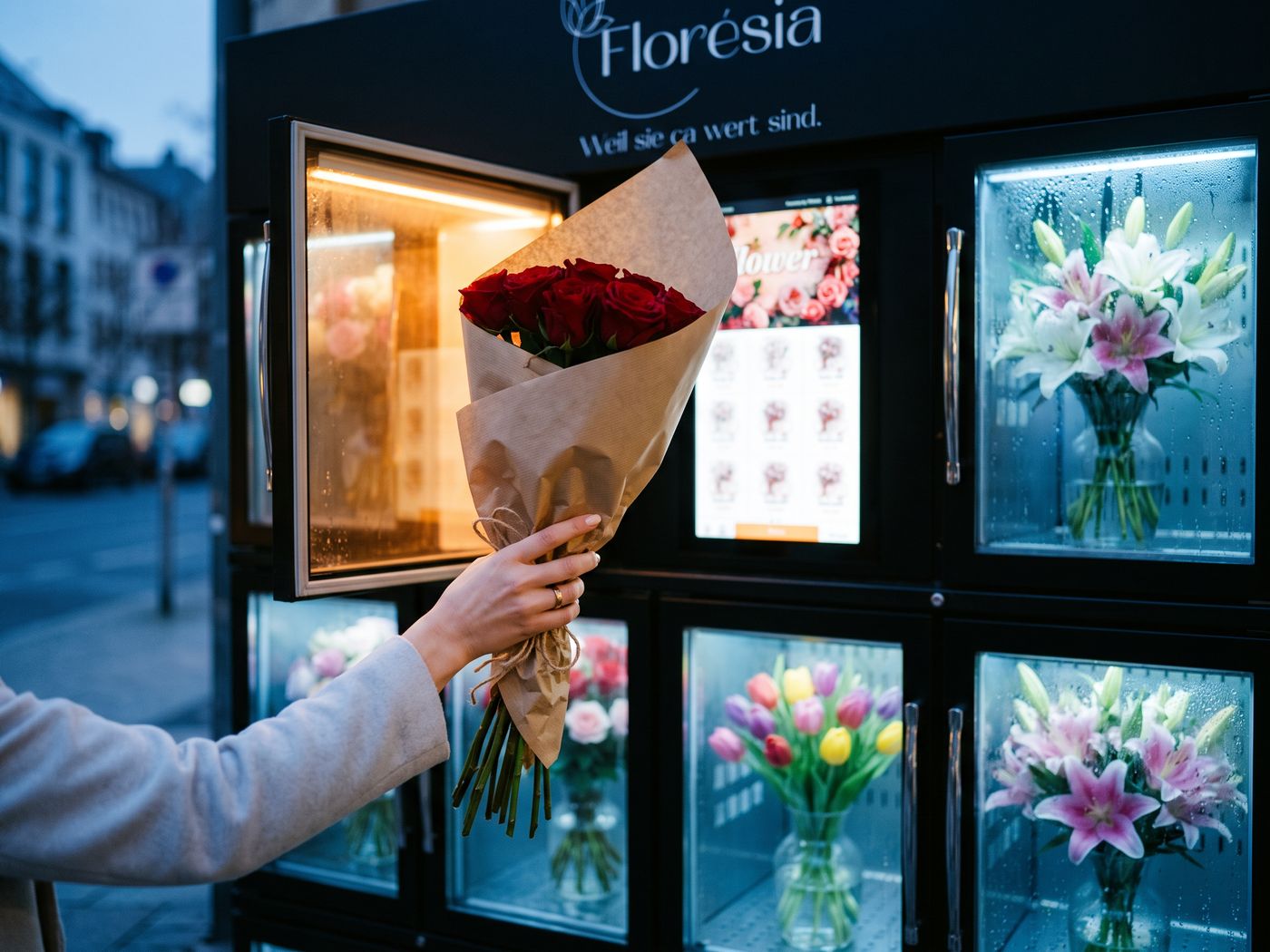 Eine Hand nimmt einen Rosenstrauß aus einem Fach des Florésia-Blumenautomaten