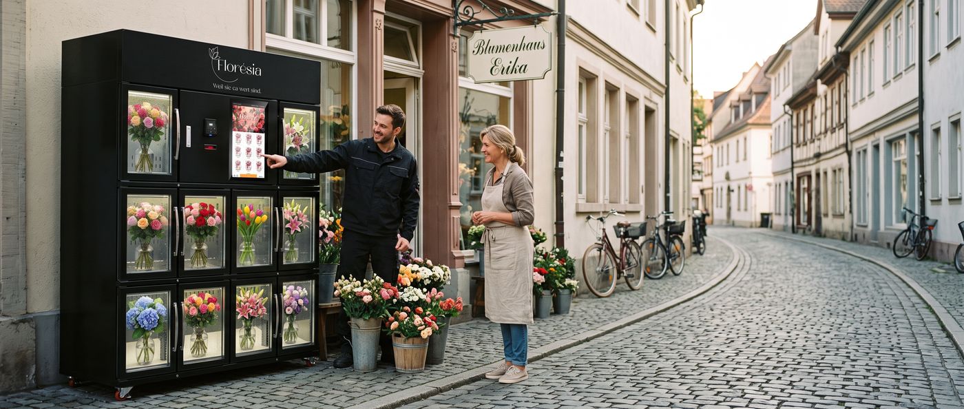 Ein Florésia-Mitarbeiter erklärt einer Floristin vor ihrem Laden den Touchscreen ihres neuen Blumenautomaten
